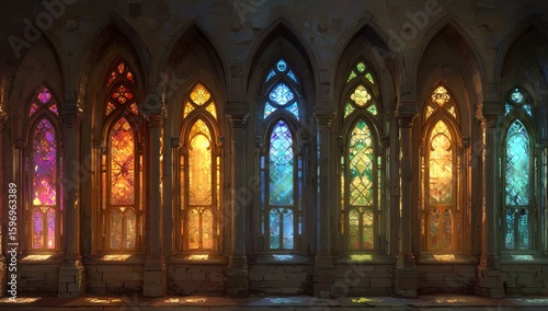 Colorful stained glass church chapel windows  interior