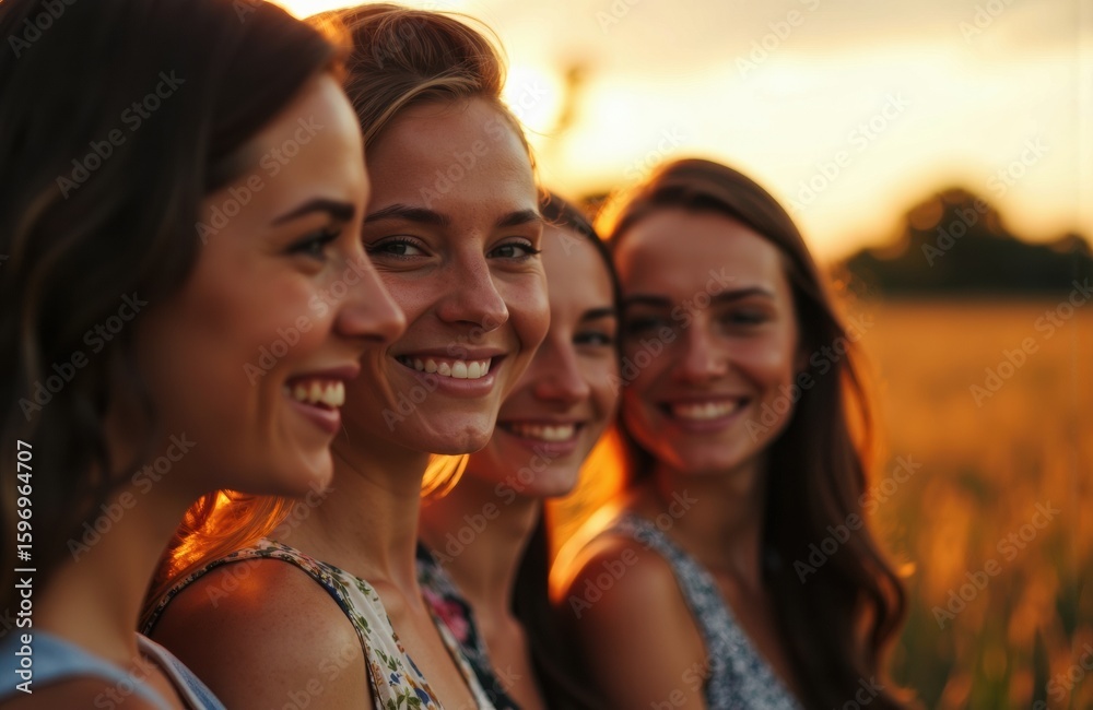 Fototapeta premium Four women smiling together outdoors during sunset, enjoying a warm evening in a natural setting