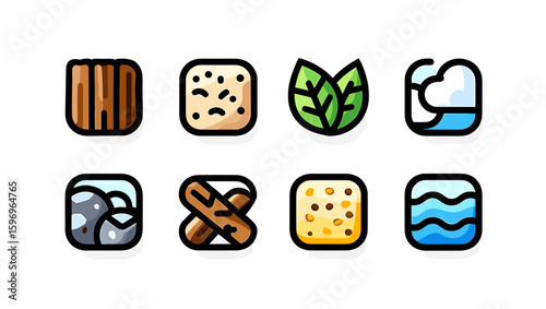 Eight icons depicting wood, bread, leaves, cloud, rocks, sticks, cheese, and water elements shown