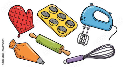 Various baking utensils including a mixer, oven mitt, and rolling pin are displayed together nicely