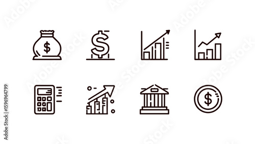 Illustration showing financial icons including money bag, dollar sign, charts, calculator, and bank