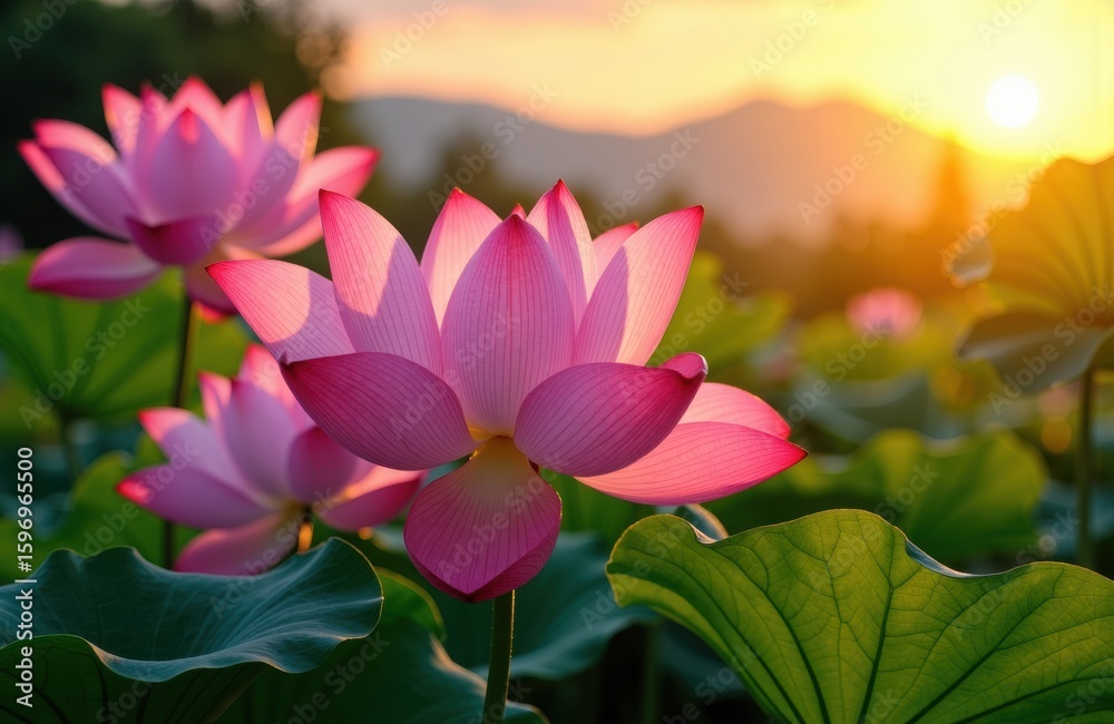 Fototapeta premium Pink lotus flowers blooming at sunset with large green leaves and a warm sky background