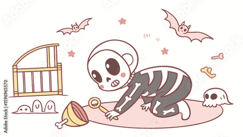 Vector art of a baby skeleton crawls in a room with halloween decorations