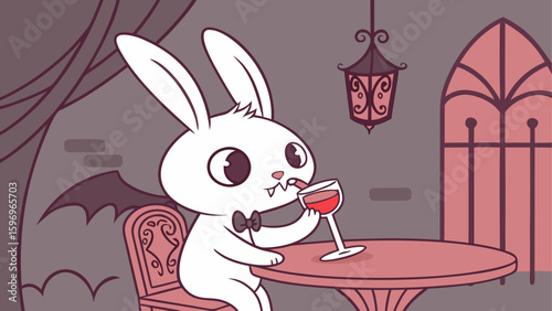 Vector art of a vampire bunny drinks wine at a table in a gothic setting