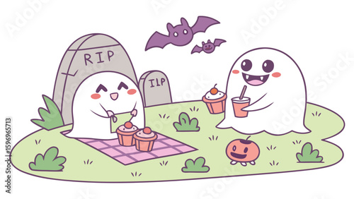 Vector art of cute ghosts having a picnic in a graveyard with bats isolated on white background