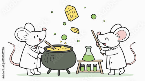 Vector art of two cute mice scientists experimenting with cheese in a lab isolated on white background