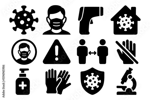 Pandemic safety icons set: mask, hand sanitizer, social distancing, temperature check, virus awareness