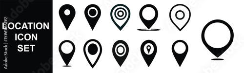 A collection of ten black location pin icons with varying designs on a white background