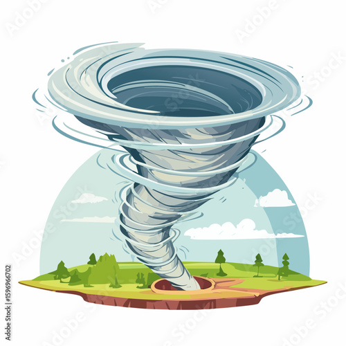 Tornado funnel interior with wind flow, spiral path, and debris field, illustrated in scientific vector form.
