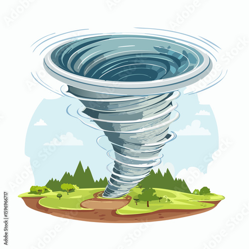 Tornado funnel interior with wind flow, spiral path, and debris field, illustrated in scientific vector form.