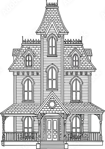 Victorian mansion with steep roof and arched windows