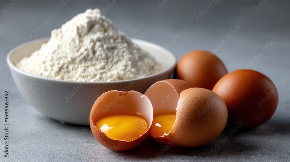 Perfectly blended flour and fresh eggs ready for baking delights in a cozy kitchen setting Perfectly blended flour and fresh eggs ready for baking delights in a cozy kitchen setting