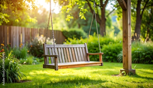 Wooden swing in a sunny garden