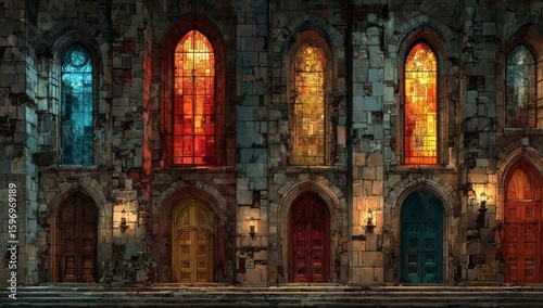 Nightfall at Gothic church  colorful stained glass windows and doors  stone wall backdrop  game background