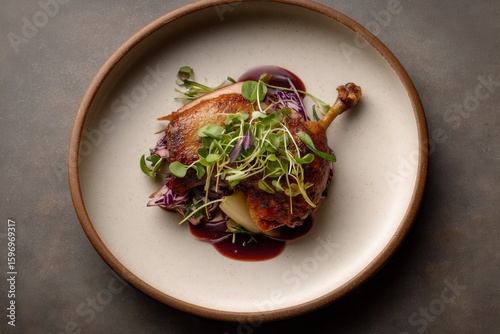 Duck leg confit, alexandre silva plating mastery, red wine gel symphony, microgreens, and pickled cabbage artistry