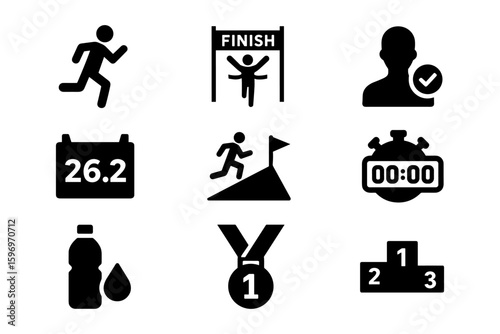 Running and marathon icon set: silhouette symbols of fitness and achievement