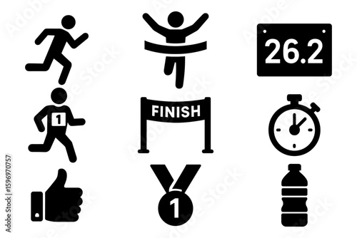 Marathon icons set: runner, finish line, medal, stopwatch, thumbs up