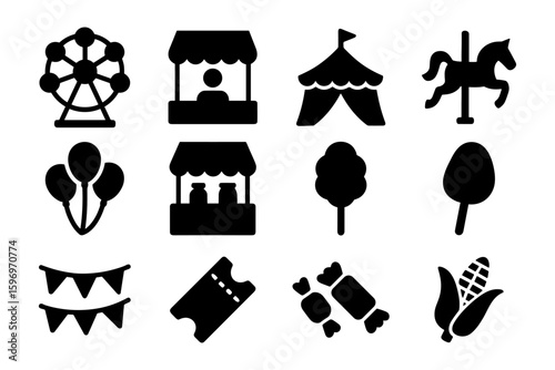 Black silhouette funfair icons: ferris wheel, food stalls, and attractions