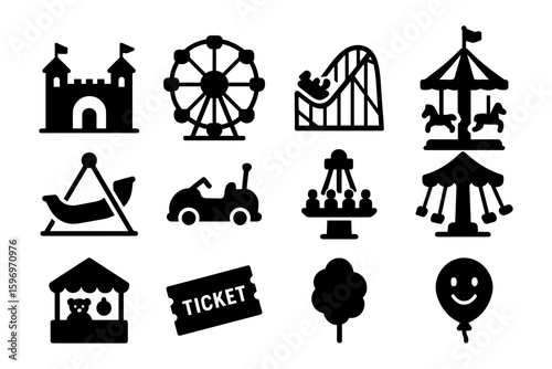 Amusement park icons: carousel, ferris wheel, roller coaster silhouettes
