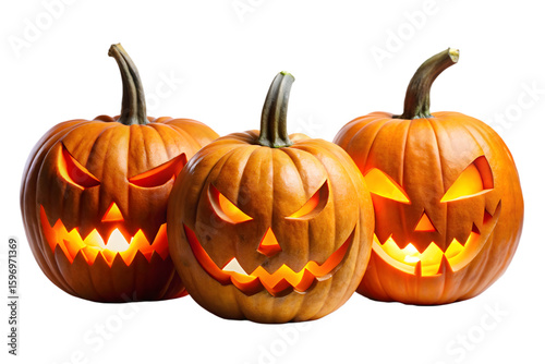 Three carved pumpkins with glowing lights and scary faces, ready for halloween night, isolated on a transparent background