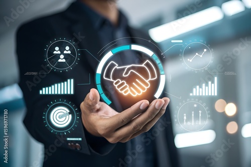 Trusted partner. Trustworthy collaboration, company or contract. Confidence to work together. Businessman turning knob to highest trust levels. Build trust in business and finance relationships.