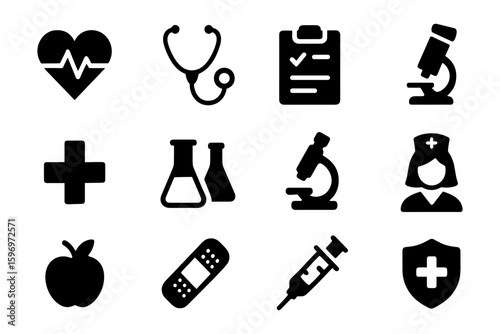 Medical icons set featuring stethoscope, microscope, and healthcare symbols in bold silhouette style
