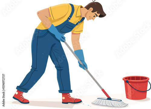 Professional cleaning service man mopping floor illustration for home and office cleaning services