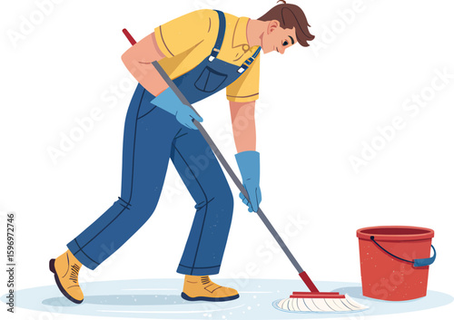 Man cleaning floor with mop and bucket cartoon vector illustration for cleaning service business