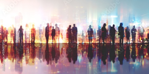 Silhouettes of People Against Cityscape Crowd of Silhouetted People Blurred City Silhouettes Group of People Crowd Modern City Community