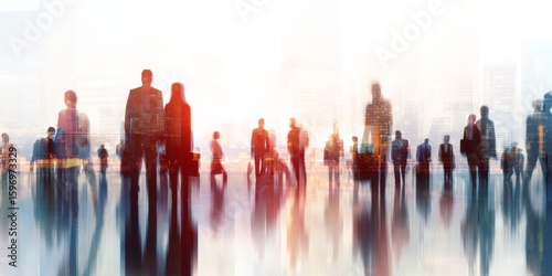 Urban Professionals: A dynamic group of blurred figures suggesting movement ambition and a bustling cityscape environment