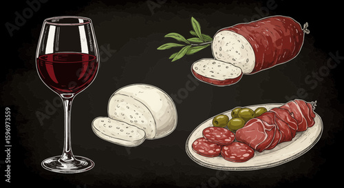 A delightful illustration of a charcuterie board with wine glass and tasty delicacies