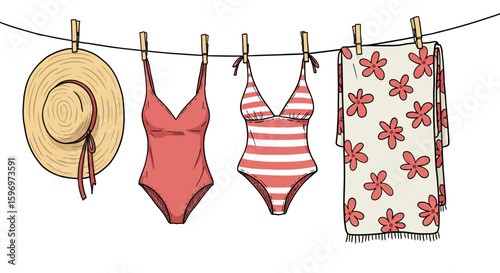 Cartoon illustration showcasing summer essentials on a clothesline, evoking vacation vibes
