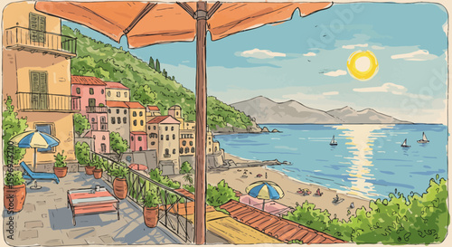 Charming Seaside Italian Village Landscape with Beach, Sun and Umbrella