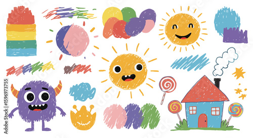 Childlike drawing with a monster, sunshine, house, and other whimsical elements