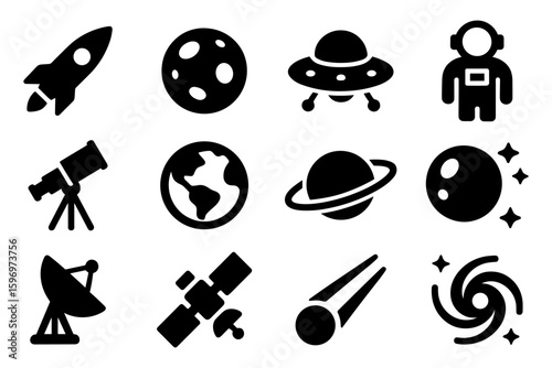 Space exploration icons: rocket, astronaut, ufo, telescope, satellite