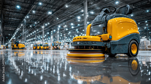 Industrial floor scrubber in modern warehouse with reflective polished floor and bright overhead lighting