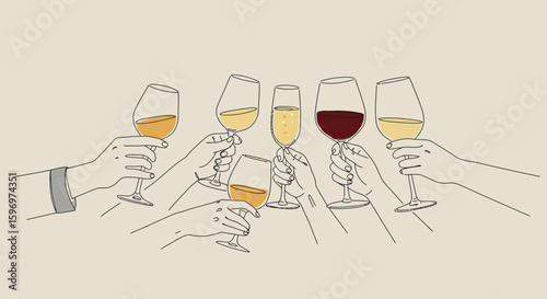 Elegant line art illustration showcasing a group of people toasting with wine glasses