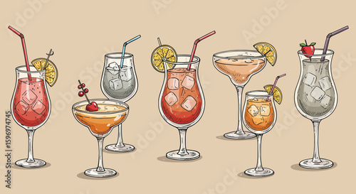 Hand-drawn illustration of various cocktail glasses with different drinks on a beige background