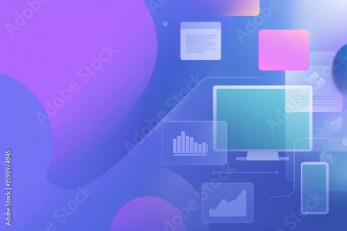 Modern interface design featuring data visualization charts and computer screens against a soft blue and purple gradient background