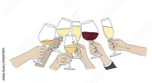 Illustration of group celebrating with wine glasses, toasting and cheers moment