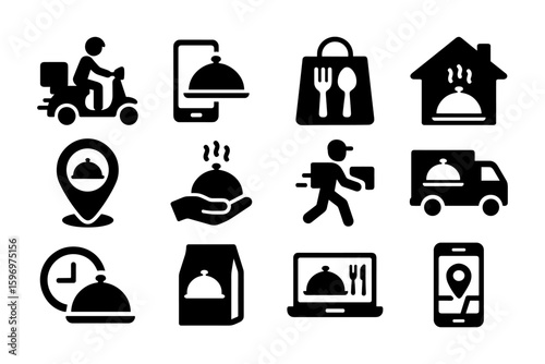 Food delivery icons: silhouette symbols for online ordering and courier service
