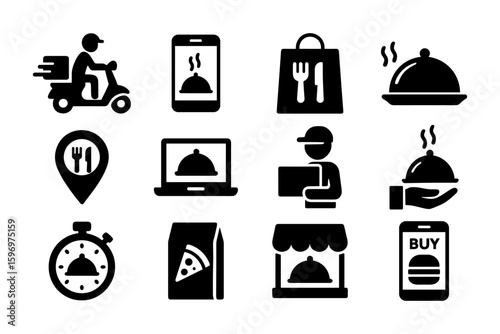 Silhouette icons of food delivery and online ordering services