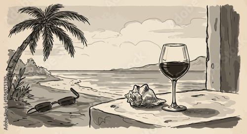 Monochromatic illustration of a beach scene with wine, seashell and sunglasses
