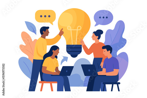 Team collaboration and brainstorming concept with light bulb and diverse characters