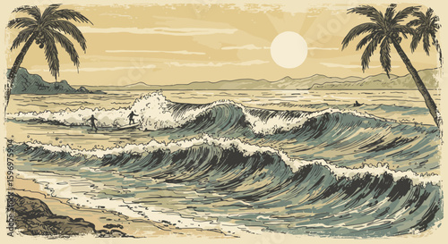 Retro style ocean scene featuring surfers riding waves under the tropical sun