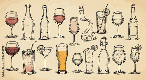 Vintage hand-drawn collection of various alcoholic drinks on beige background