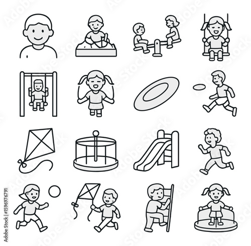 Playground adventure icon collection: linear playground, swing, slide, kite, child, sandbox, frisbee, climbing, carousel vector icons