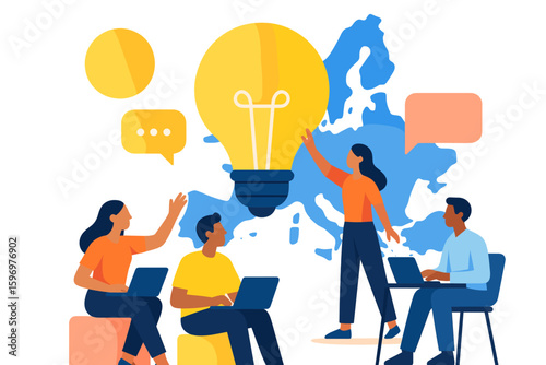 Team collaboration and innovation concept with light bulb over europe map