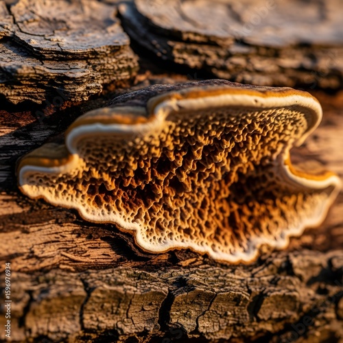 Organic Wood Bark Close-up with Bracket Fungus: Detailed natural texture