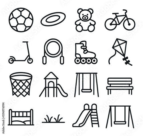 Playground fun icon collection. recreational activities linear icons: ball, teddy, kite, bicycle, swing, vector icons.